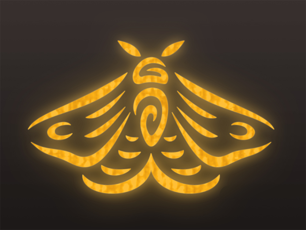 a thumbnail of a stylized drawing of a glowing orange moth over a dark gray background