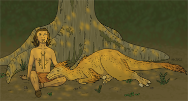 digital drawing of a young non-binary person sitting under a ceiba tree and looking up, with a large raptor (dinosaur) resting beside zim with its head in zer lap; both are dappled in golden sunlight coming through tree leaves above